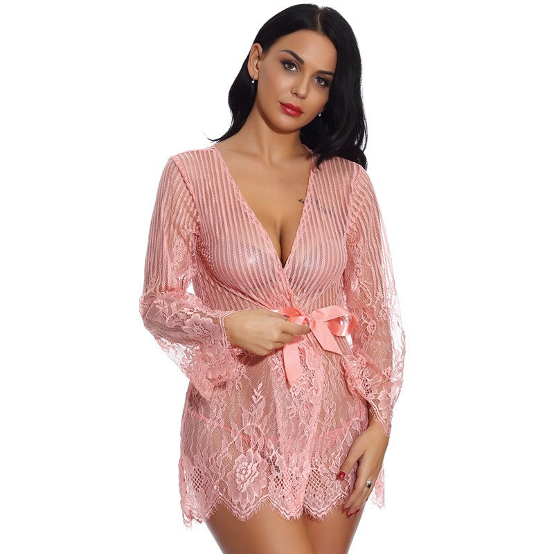 Long lace cardigan nightgown adult pajamas mesh